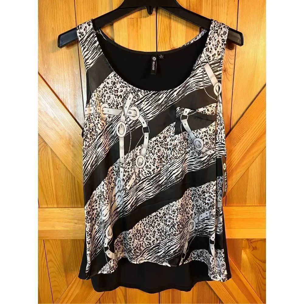 Milano Sz L Silky Tank Top Animal Print Belt Rope Mixed Media Material Stretch n